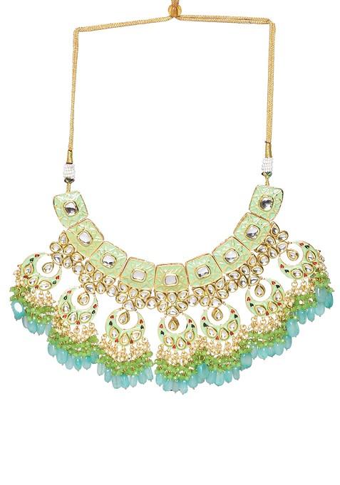 Green Enameled Kundan Maharani Necklace And Earrings Set And Maangtikka