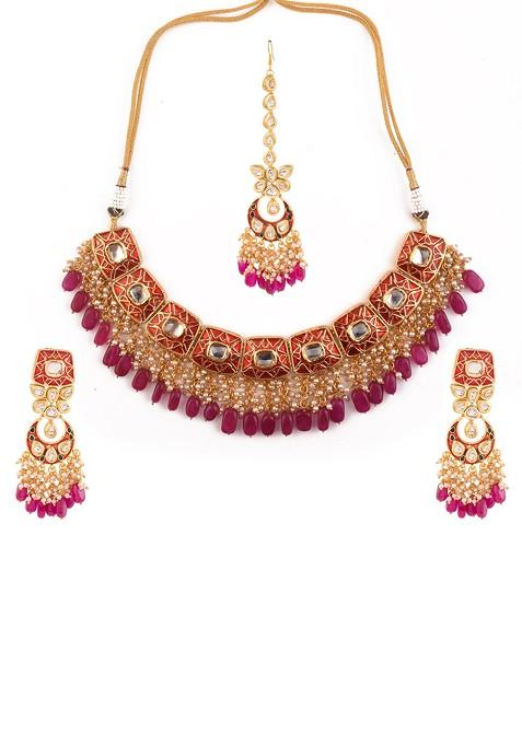 Maroon Kundan Enameled Necklace And Earrings Set With Maangtika