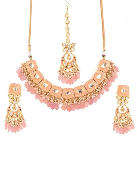 Peach Handcrafted Kundan Enameled Necklace And Earrings Set With Maangtika