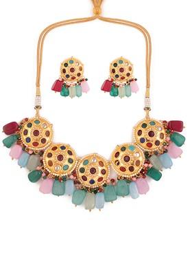 Multicolour Navratan Kundan Gold Tone Necklace And Earrings Set