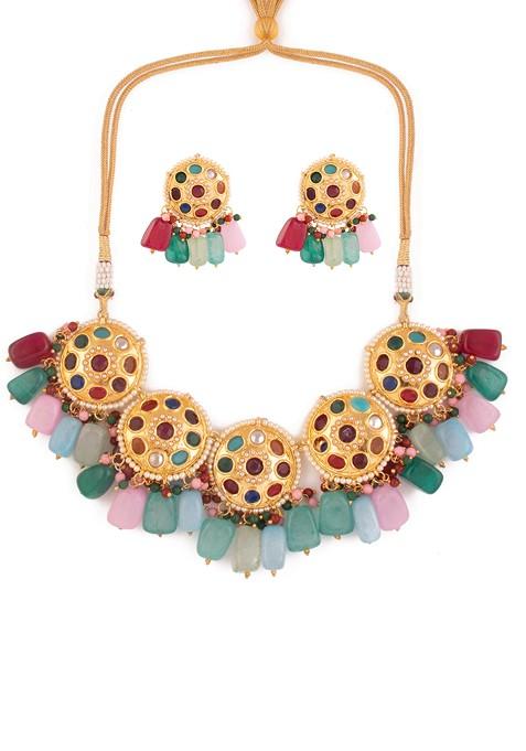 Multicolour Navratan Kundan Gold Tone Necklace And Earrings Set