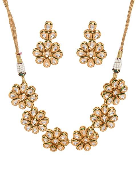 White Gold Tone Handcrafted Floral Kundan Necklace And Earrings Set