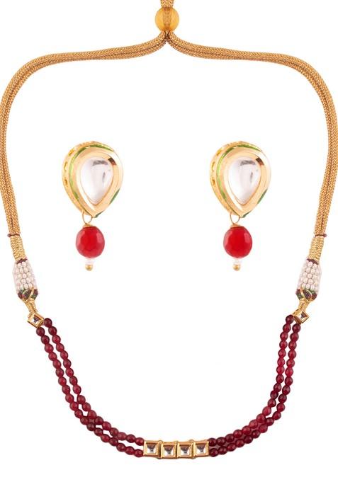 Maroon Bead Gold Tone Kundan Choker Necklace And Earrings