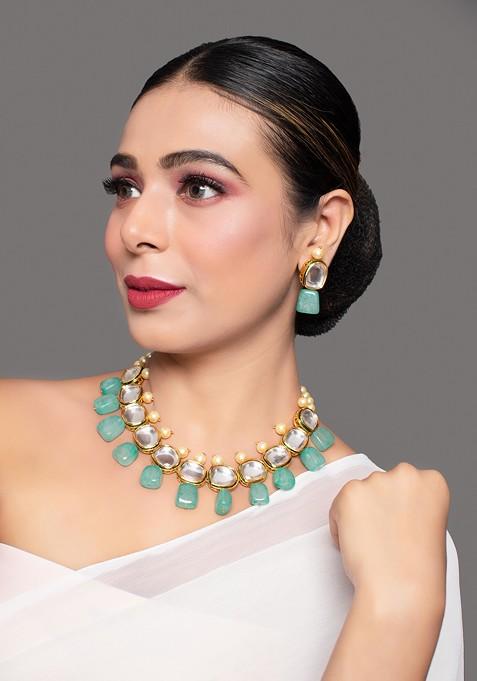 Pastel Green Handcrafted Kundan Necklace Set