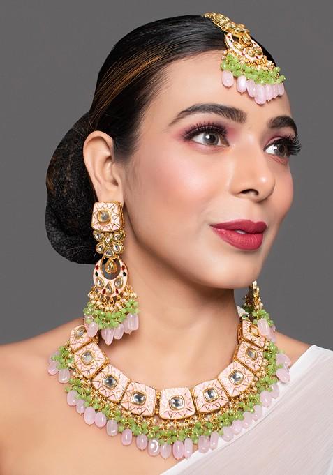 Pink Enameled Kundan Necklace And Earrings Set With Maangtika