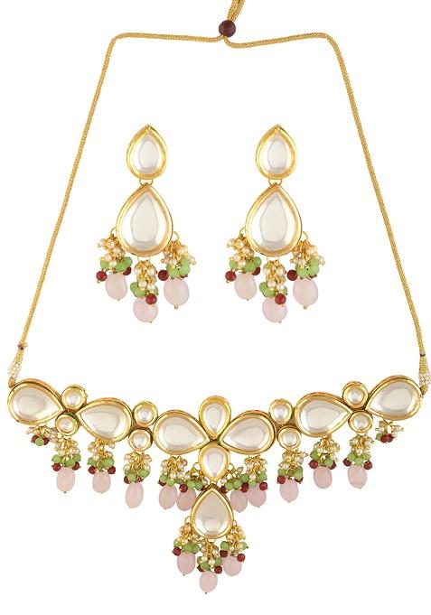 Multicolour Handcrafted Kundan Pastel Bead Necklace And Earrings Set