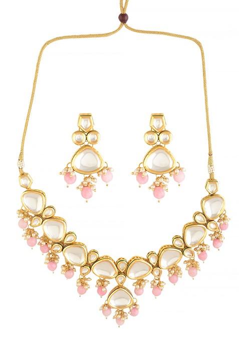 Pink Bead Pearl Gold Tone Kundan Necklace And Earrings Set