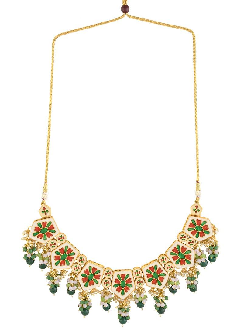 Green Gold Tone Handcrafted Kundan Necklace Set - Indya