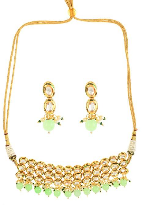 Pastel Green Gold Tone Kundan Bead Choker Necklace And Earrings Set