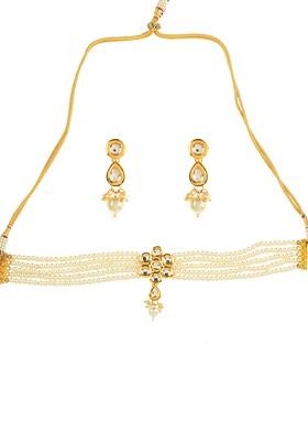 White Pearl Bead Kundan Floral Choker Necklace And Earrings Set