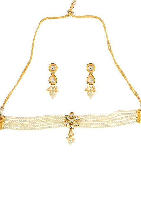 White Pearl Bead Kundan Floral Choker Necklace And Earrings Set