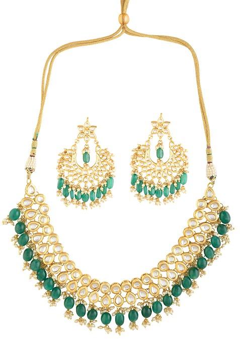 Emerald Bead Gold Tone Kundan Embellished Necklace And Chandbali Earrings Set