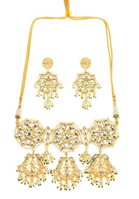 White Kundan Pearl Necklace And Earrings Set