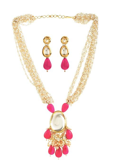 Ruby Bead Kundan Necklace And Earrings Set