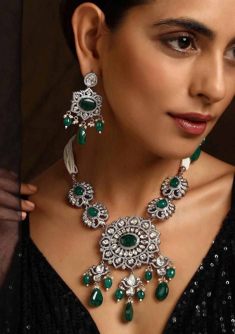 Green Silver Tone Polki Necklace Set