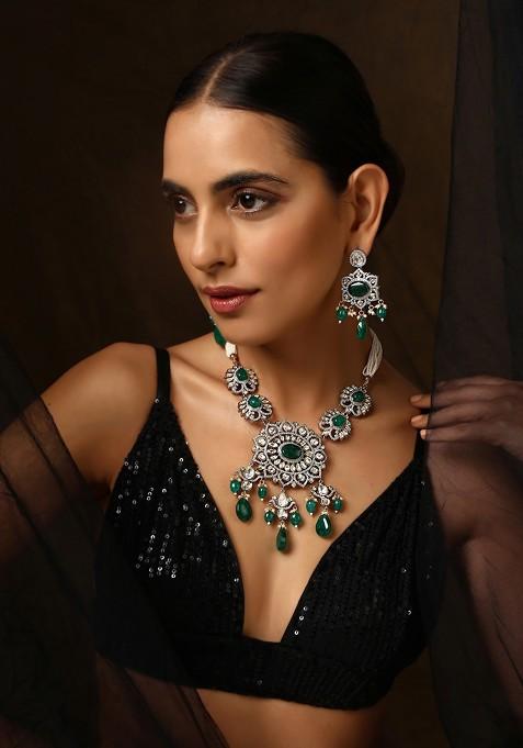 Green Silver Tone Polki Necklace Set