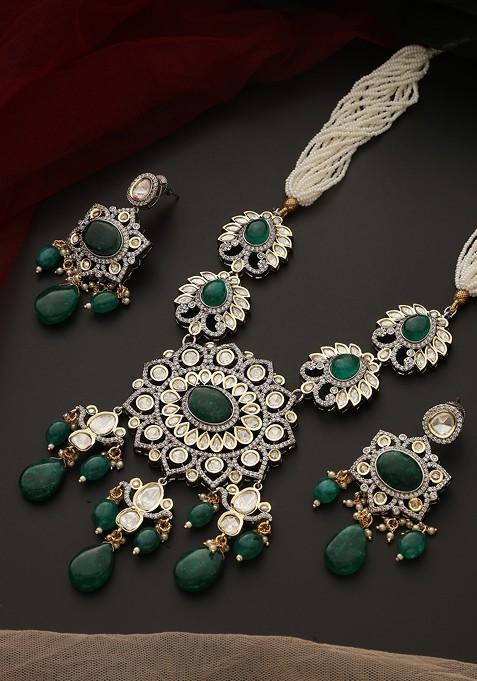 Green Silver Tone Polki Necklace Set