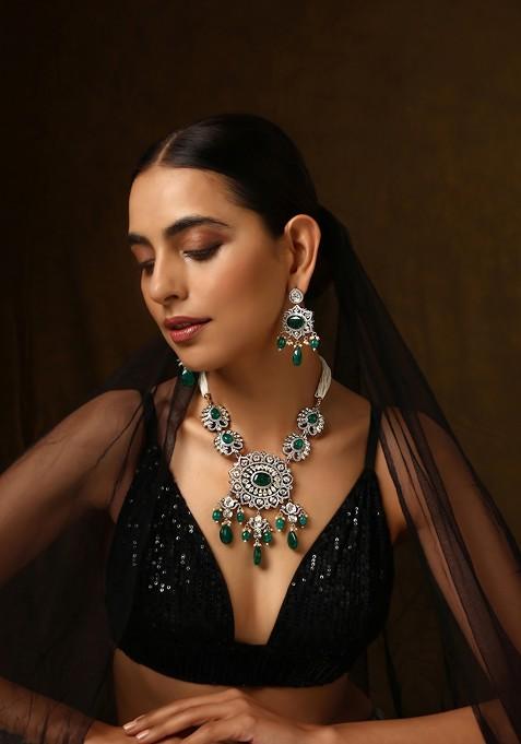 Green Silver Tone Polki Necklace Set