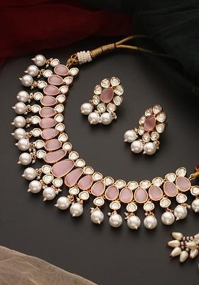 Pink Rose Gold Tone Polki Pearl Necklace Set