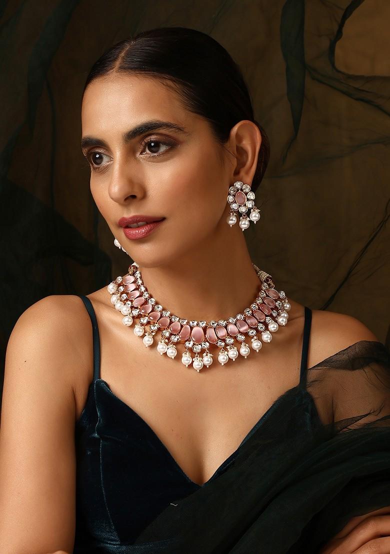 Pink Rose Gold Tone Polki Pearl Necklace Set