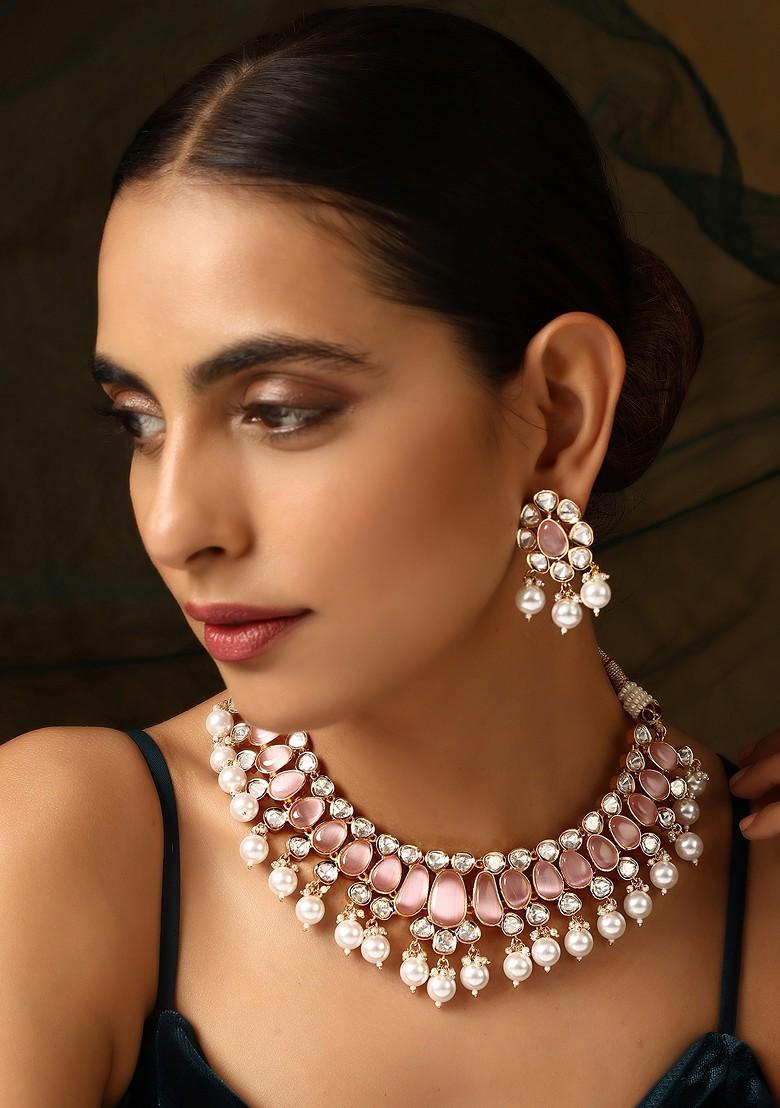 Pink Rose Gold Tone Polki Pearl Necklace Set