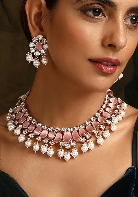 Pink Rose Gold Tone Polki Pearl Necklace Set