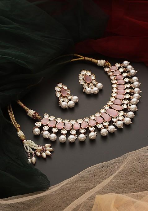 Pink Rose Gold Tone Polki Pearl Necklace Set