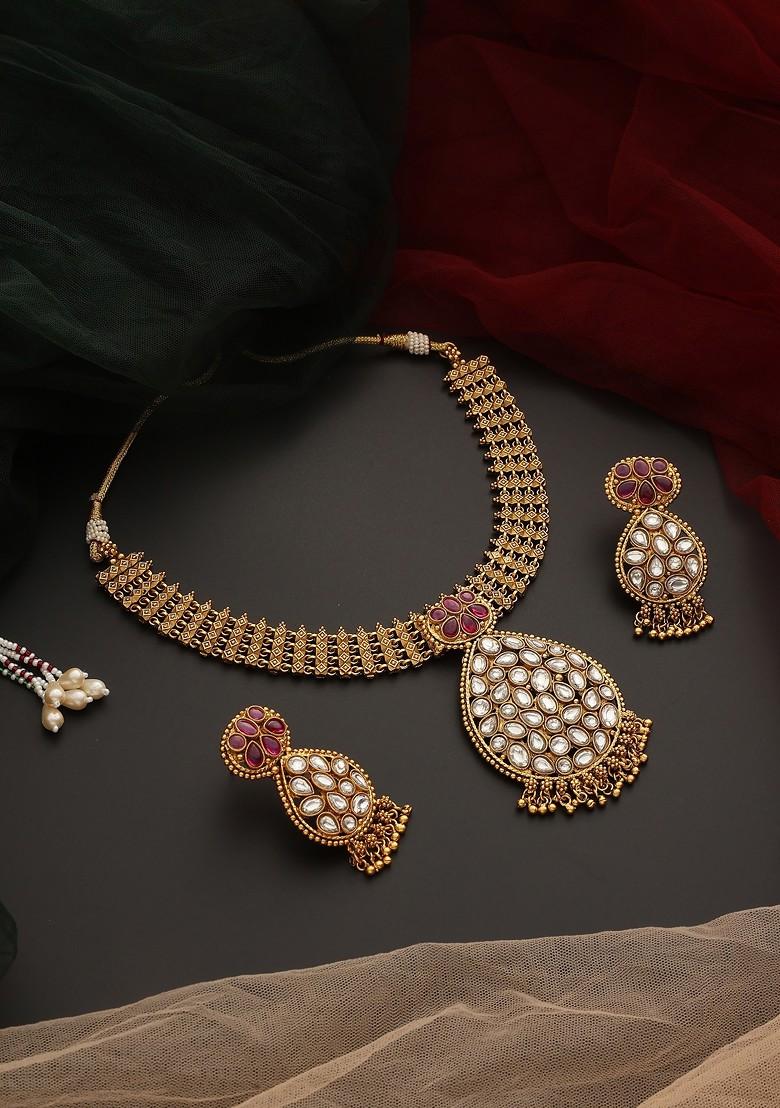 Red Gold Tone Kundan Temple Necklace Set