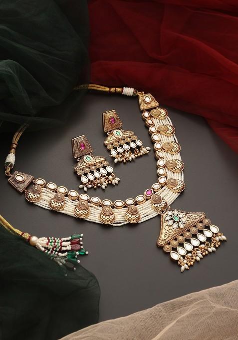 White Gold Tone Kundan Temple Necklace Set