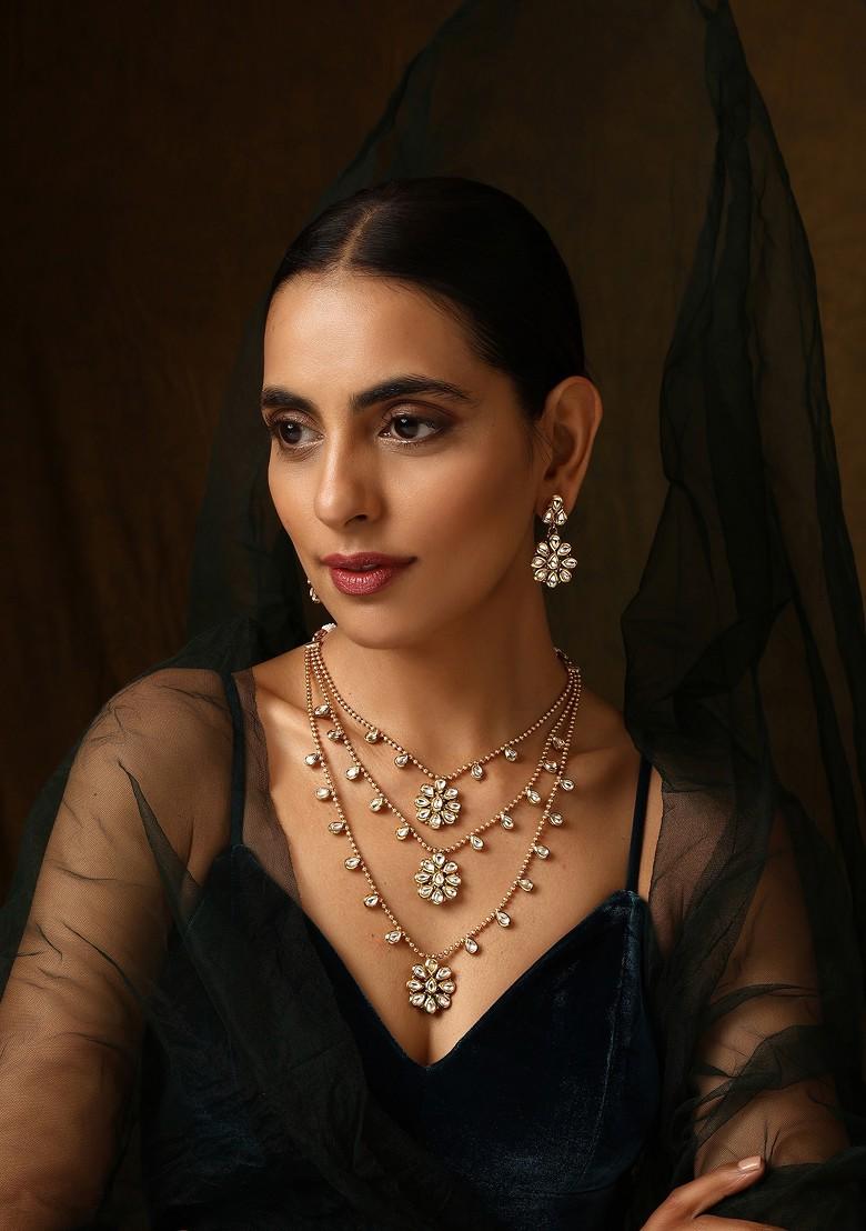 Gold Tone Kundan Layered Necklace Set - Indya