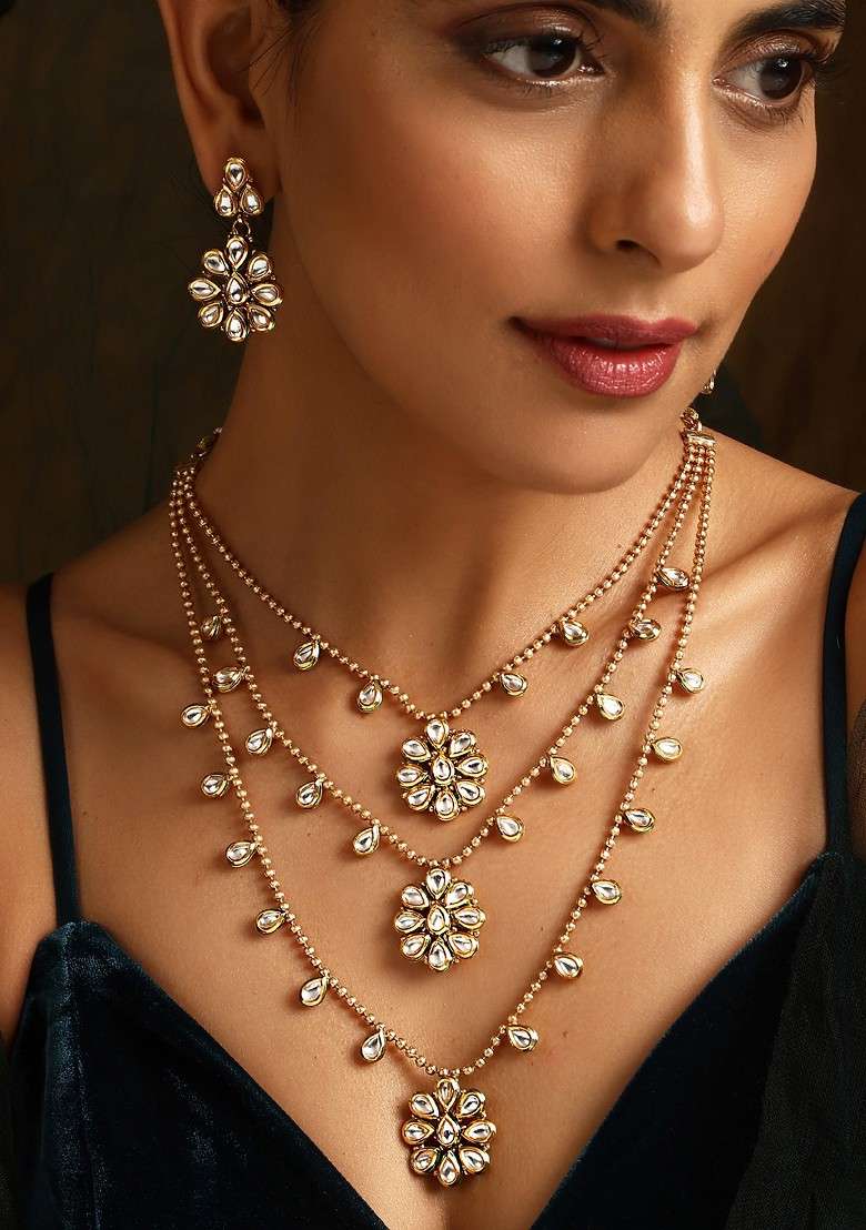 Gold Tone Kundan Layered Necklace Set - Indya
