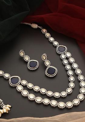 Blue Silver Tone Victorian Polki Layered Necklace Set
