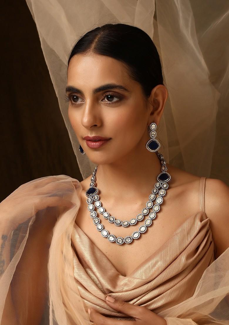 Blue Silver Tone Victorian Polki Layered Necklace Set - Indya