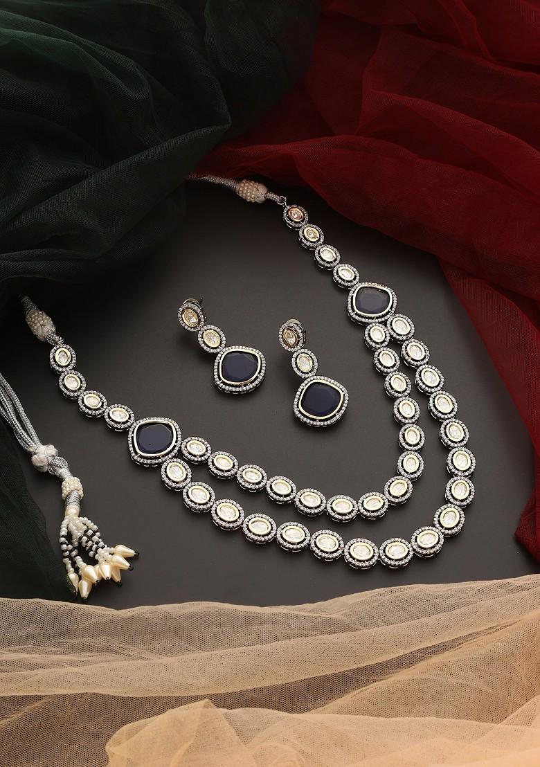 Blue Silver Tone Victorian Polki Layered Necklace Set - Indya