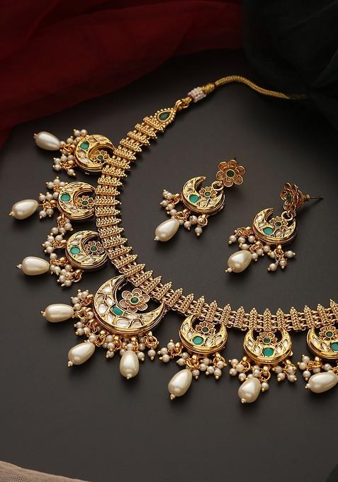 Green Gold Tone Kundan Necklace Set