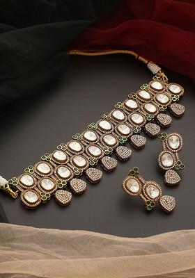 Green Silver Tone Polki Choker Necklace Set