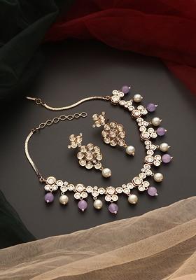Lavender Rose Gold Tone Polki Necklace Set