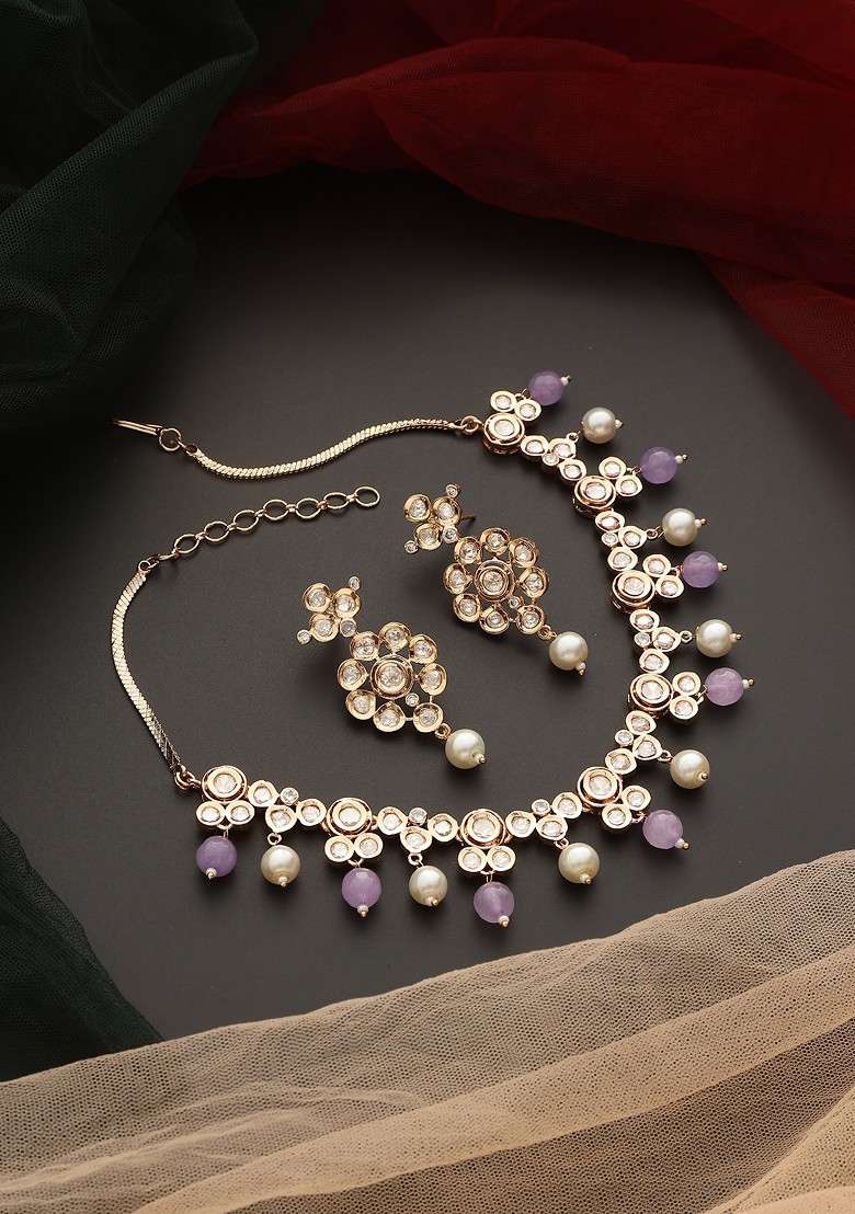 Lavender Rose Gold Tone Polki Necklace Set - Indya