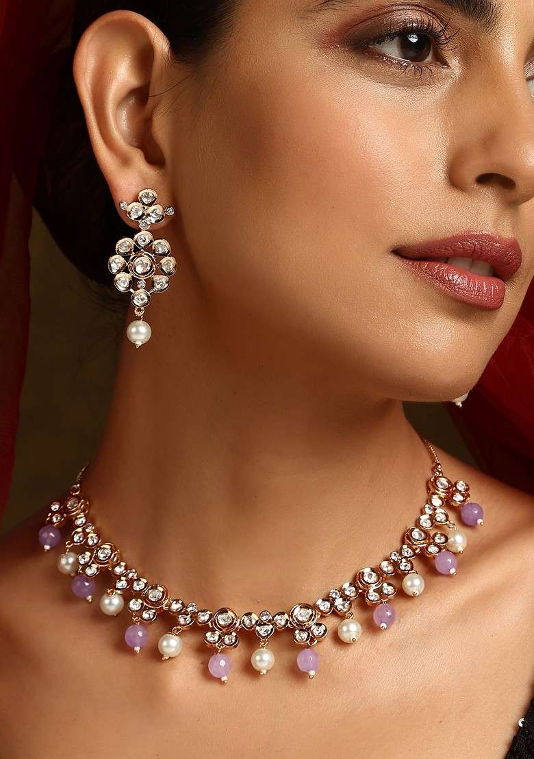 Lavender Rose Gold Tone Polki Necklace Set - Indya