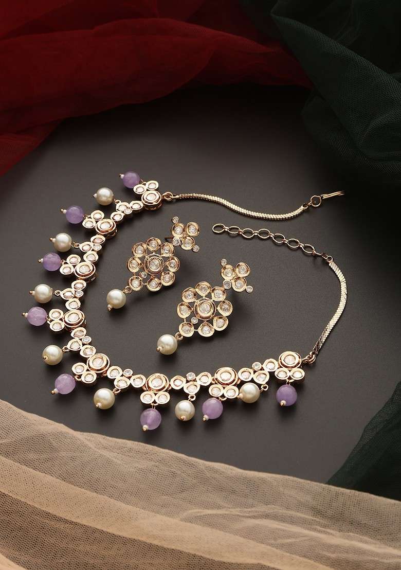 Lavender Rose Gold Tone Polki Necklace Set - Indya