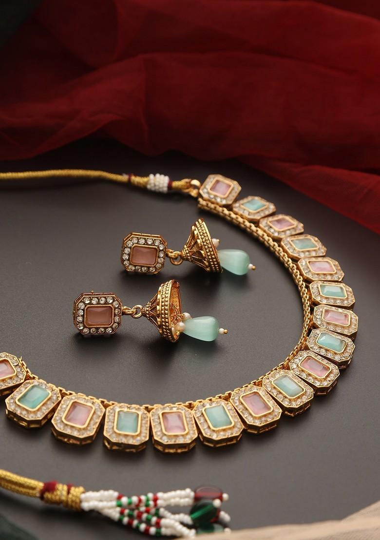 Mint Green And Pink Gold Tone Necklace Set - Indya