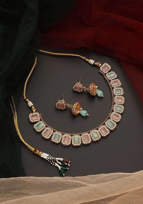 Mint Green And Pink Gold Tone Necklace Set