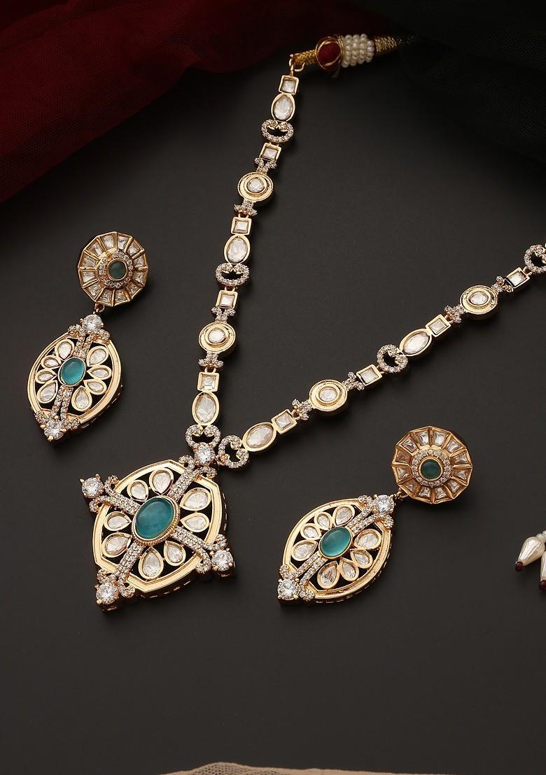 Blue Rose Gold Tone Polki Pendant Necklace Set - Indya