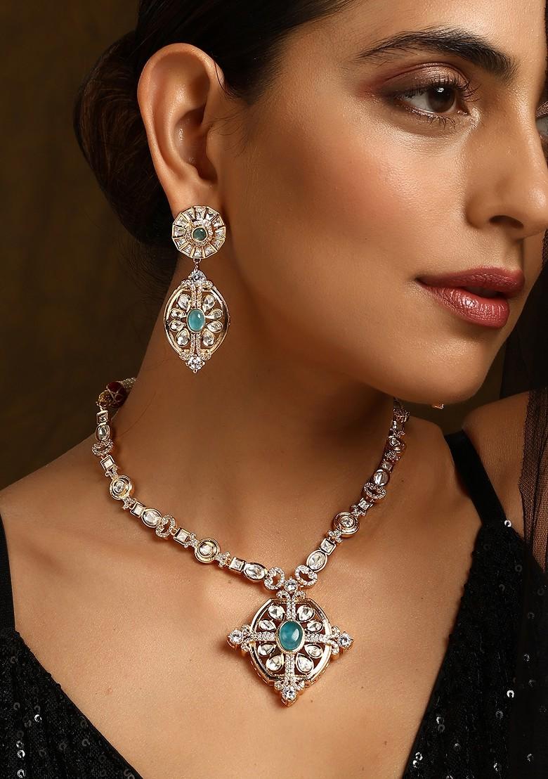 Blue Rose Gold Tone Polki Pendant Necklace Set - Indya