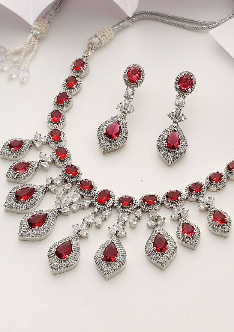 Red Silver Tone Zirconia Necklace Set - Indya