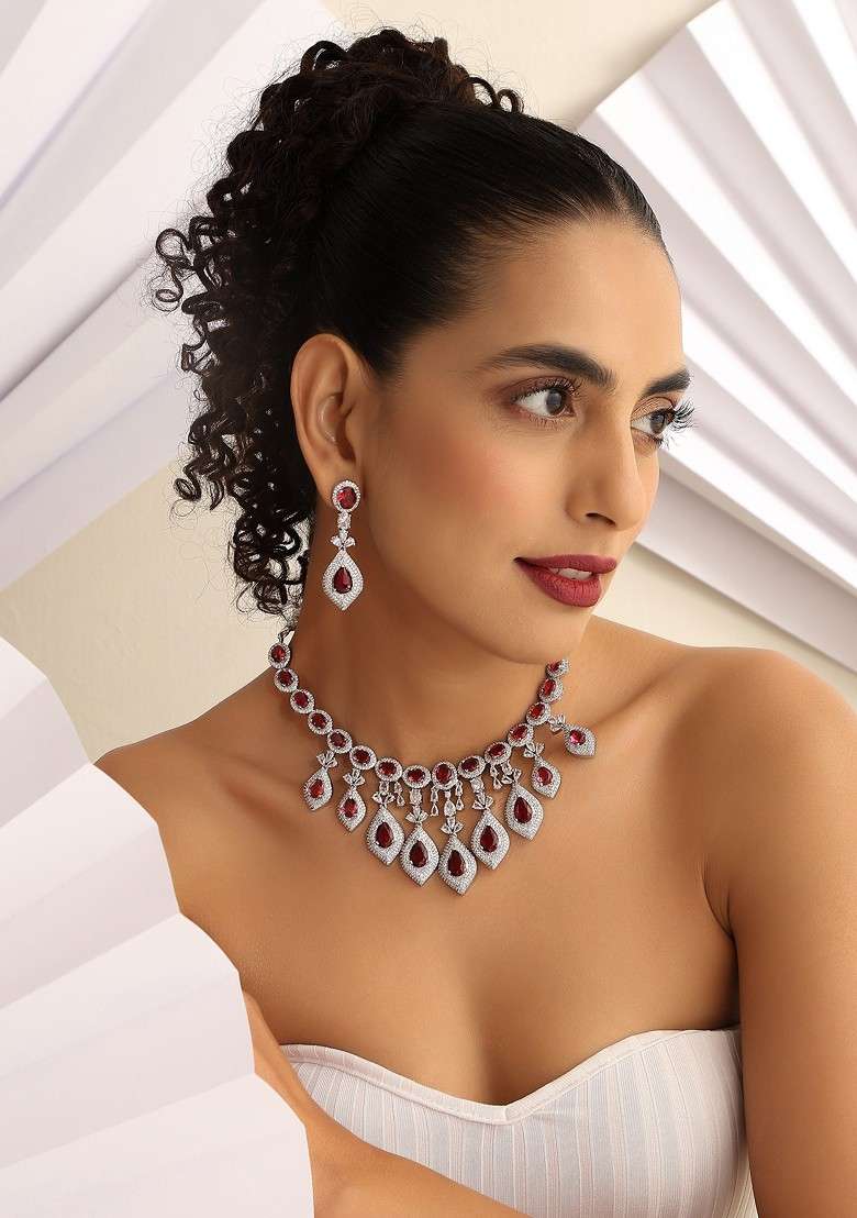 Red Silver Tone Zirconia Necklace Set - Indya