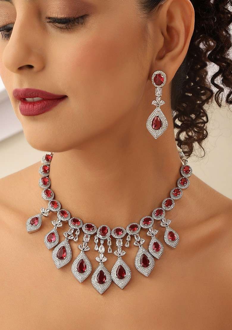 Red Silver Tone Zirconia Necklace Set - Indya