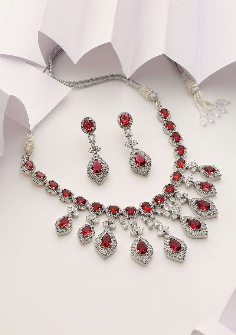 Red Silver Tone Zirconia Necklace Set - Indya
