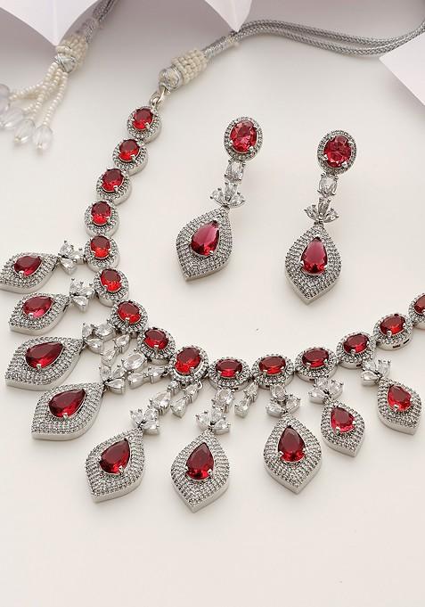 Red Silver Tone Zirconia Necklace Set