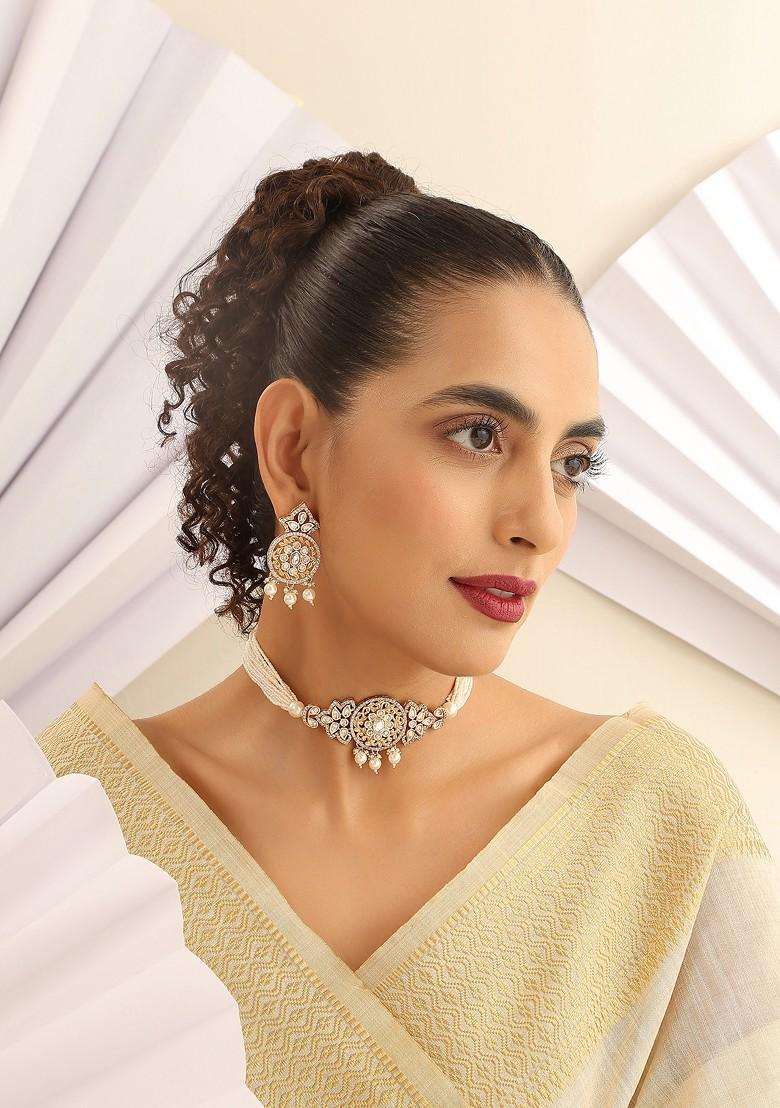 White Rose Gold Tone Polki Pearl Choker Necklace Set